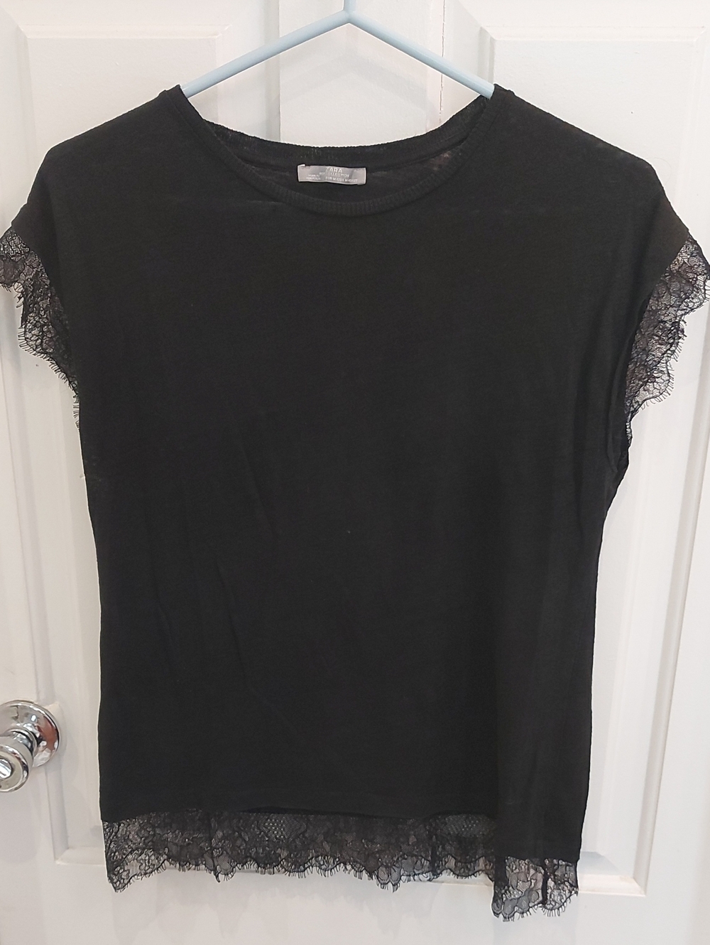 Zara Black Short Sleeve Tee with Lace Trim